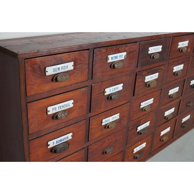 Large Belgian Pitch Pine Apothecary Cabinet with Enamel Shields, 1900s For Sale - Image 14 of 18