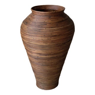 Late 20th-Century Gabriella Crespi-Style Pencil Reed Rattan Pithos-Shape Floor Vase For Sale