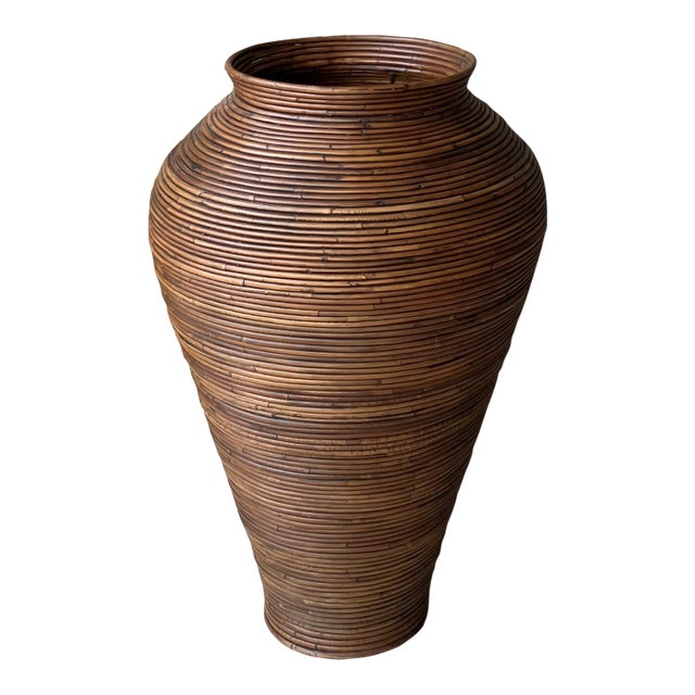 Late 20th-Century Gabriella Crespi-Style Pencil Reed Rattan Pithos-Shape Floor Vase For Sale