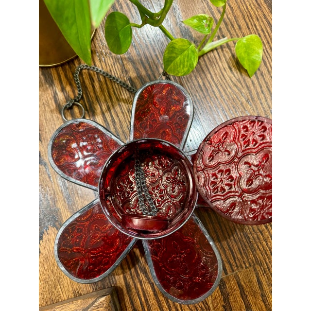 Vintage Red Stained Glass Hanging Votive With Pierced Metal Frame For Sale - Image 10 of 12