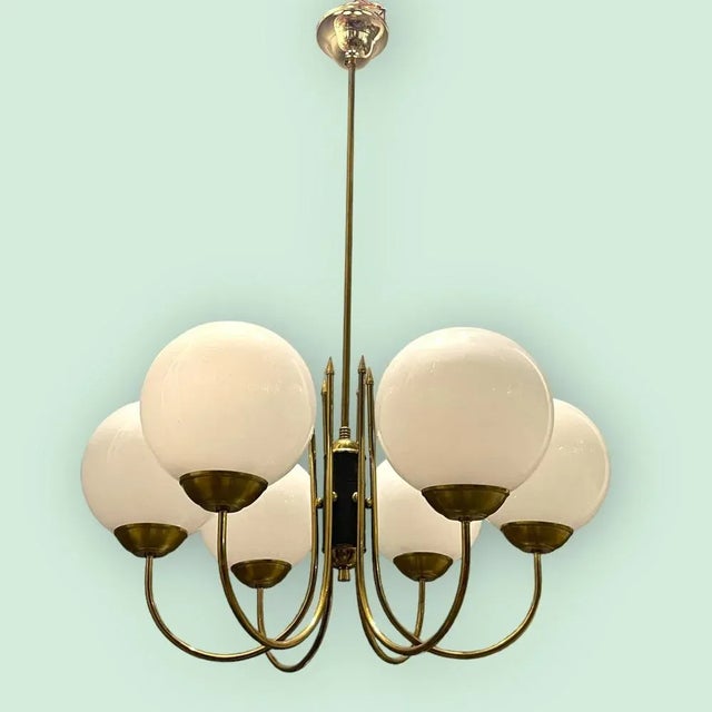 Opaline Glass and Brass Chandelier, 1950s For Sale - Image 9 of 10