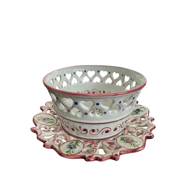 Ceramic Vintage Hand-Painted Portuguese Cachepot and Reticulated Underplate in the Style of Herend For Sale - Image 7 of 11