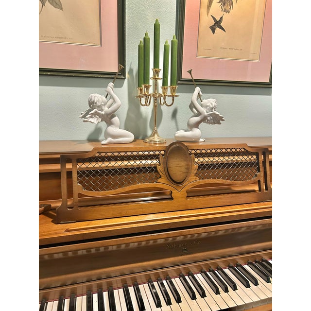 French Country Vintage Department 56 “Winter Silhouettes” White Porcelain Angels With Brass Trumpets - A Pair For Sale - Image 3 of 9