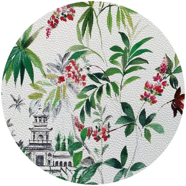 These pebbled vinyl leather placemats have patterns on the front and off-white on the back. This set can be used indoors...