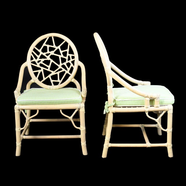 Coastal Set of 5 Ice Crackle Blonde Rattan Dining Chairs For Sale - Image 3 of 6
