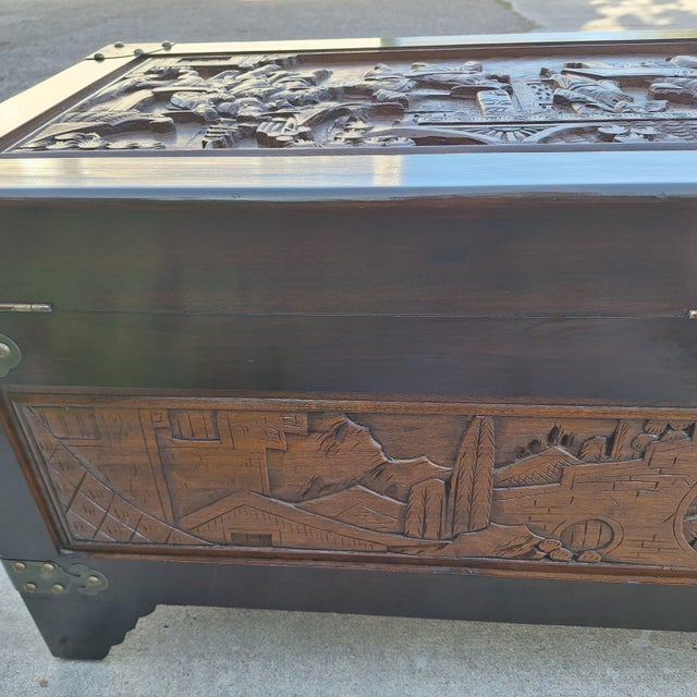 1960s 1960s George Zee Hand-Carved Chinese Camphor Wood & Brass Trunk For Sale - Image 5 of 12