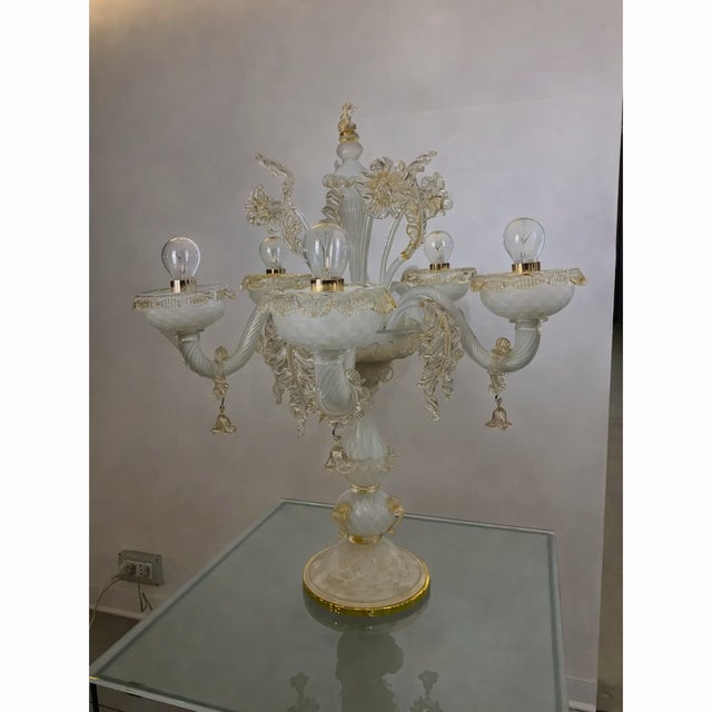 Murano Glass white and Gold table lamp With Flowers and Leaves impressive handmade murano glass chandelier with 5 arms...