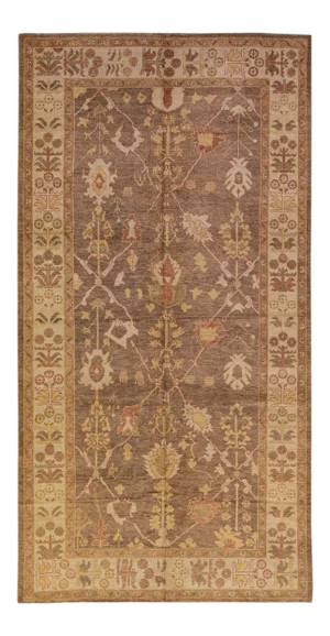 Modern Turkish Oushak Handmade Floral Motif Brown Gallery Wool Rug