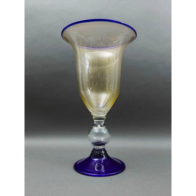 Murano Attributed Large Hand Blown Cobalt Blue Gold Fleck Art Glass Pedestal Vase. Measures approximately 11" diameter, 18...