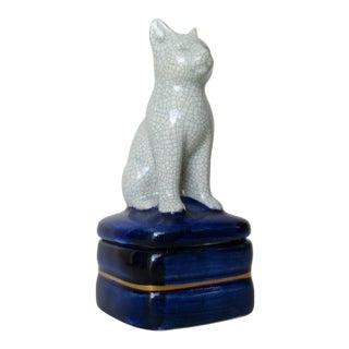 C.1960's Vintage Porcelain Ceramic Crackle Cat Lidded Keepsake Box For Sale