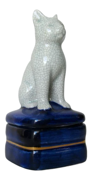 C.1960's Vintage Porcelain Ceramic Crackle Cat Lidded Keepsake Box