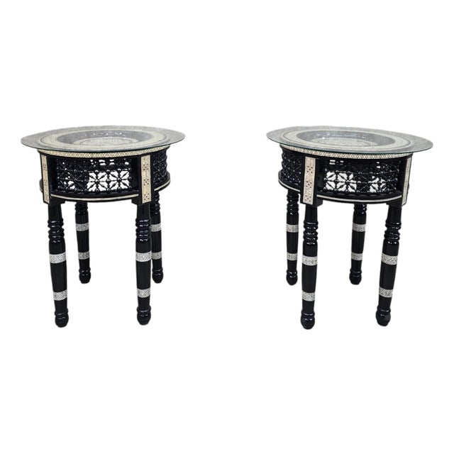 Vintage Moroccan Marquetry Side Tables With Mother-of-Pearl Inlay – Pair For Sale