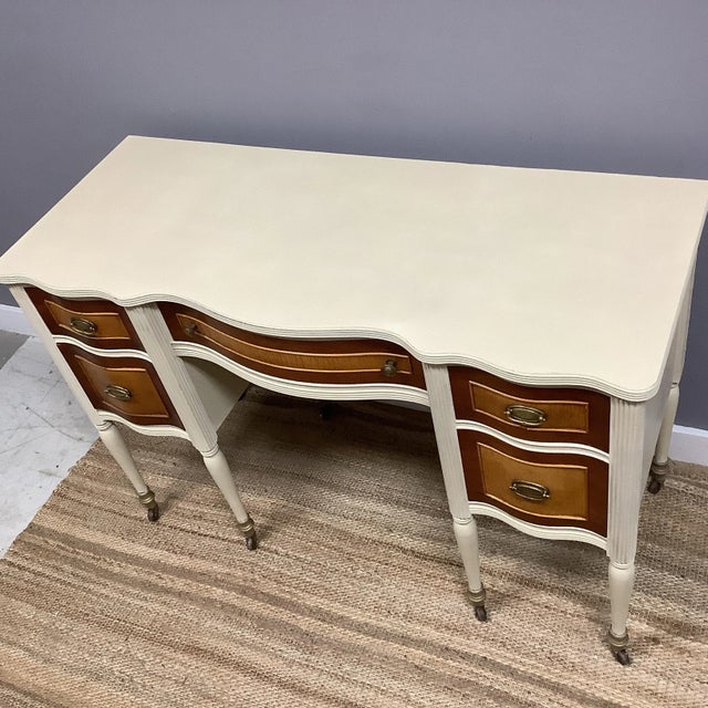Vintage Painted French Desk Creamy Beige Wood Tones Gold Accents 5 Drawers For Sale - Image 11 of 11
