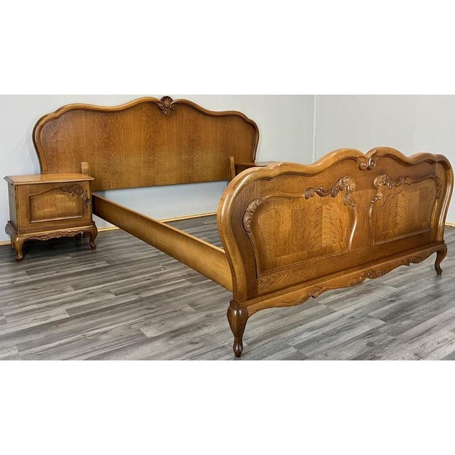 This Vintage French Louis double bed frame comes with a beautifully matching pair of bedside tables, all showcasing...