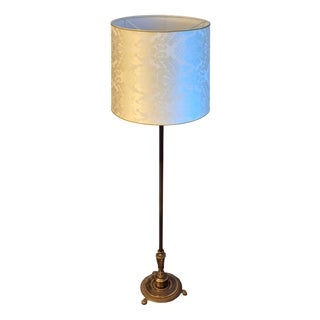 Vintage Floor Lamp with Brass Frame and White Patterned Fabric Shade, 1950s For Sale