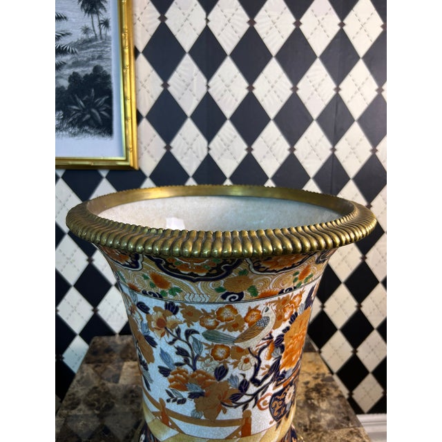 Ceramic Large Japanese Imari Porcelain Vases With Bronze Mounts - Vintage Pair Indoor Outdoor Planters For Sale - Image 7 of 14