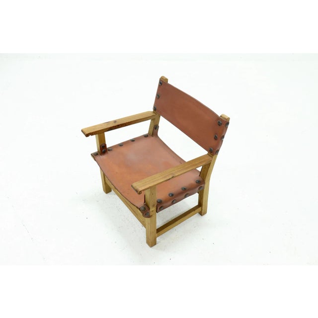 Brutalist Armchair in Pine and Cognac Leather, 1960s For Sale - Image 4 of 11