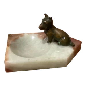 Mid 20th Century Antique Art Deco Austrian Onyx Ashtray With Dog Bronze Dog Tray Etched Austria