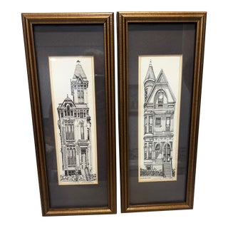 1980s Pen & Ink Art Drawing of Victorian Houses in San Francisco - Set of 2 For Sale
