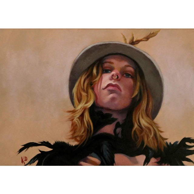 Dash by Kimberly Dow | Oil on Panel Portrait of a woman wearing a hat and feathers. For Sale