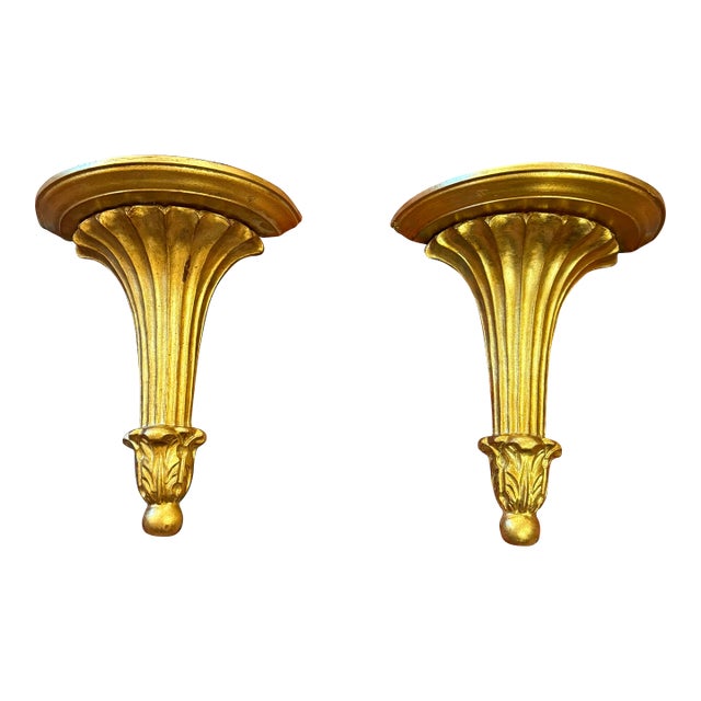 Vintage Italian Giltwood Neoclassical Wall Bracket Shelves – Pair For Sale
