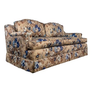 Mid-20th Century Traditional Sofa or Loveseat With Floral Chintz Fabric and Front Brass Ball Casters For Sale