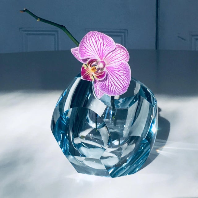 Aqua 1950s Asta Strömberg for Strömbergshyttan Faceted Geometric Vase Aqua Christal Art Glass For Sale - Image 8 of 11