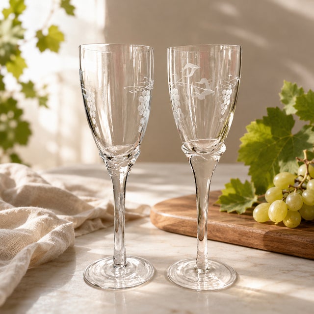 Elegant pair of vintage clear glass champagne glasses featuring a delicate etched grape and vine motif. The tall, gently...
