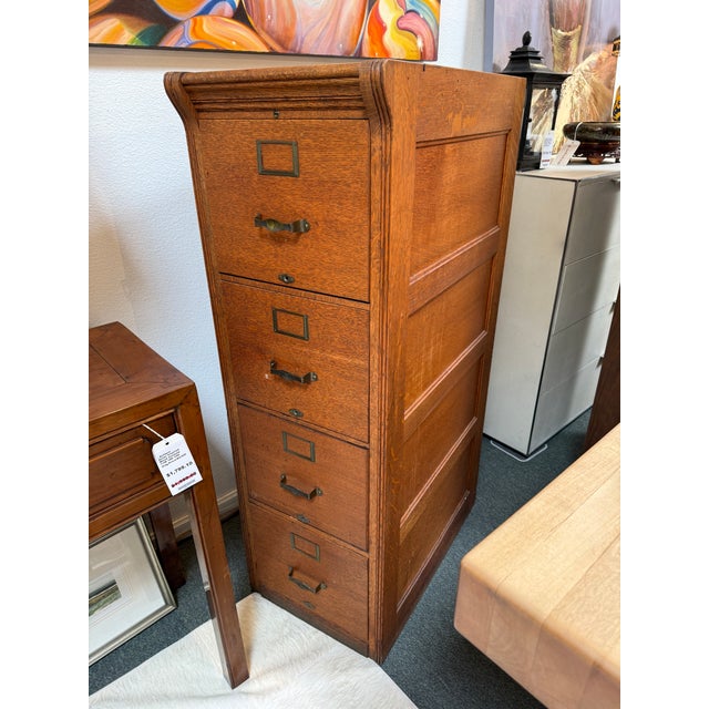 Traditional Quarter-Sawn Oak Four-Drawer Filing Cabinet, Vintage For Sale - Image 3 of 12