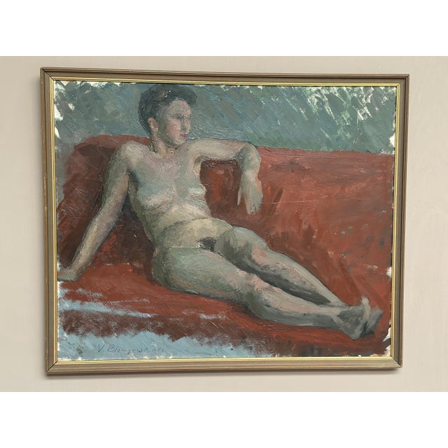 Original Vintage Scandinavian Oil on Panel – “Reclining Lady on Red Couch” by Vilhelm Blomquist – Signed – Framed – 65 ×...