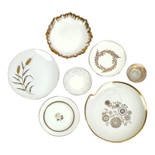 Gold-Embellished Vintage Porcelain Wall Plate Curation - Group of 7 For Sale