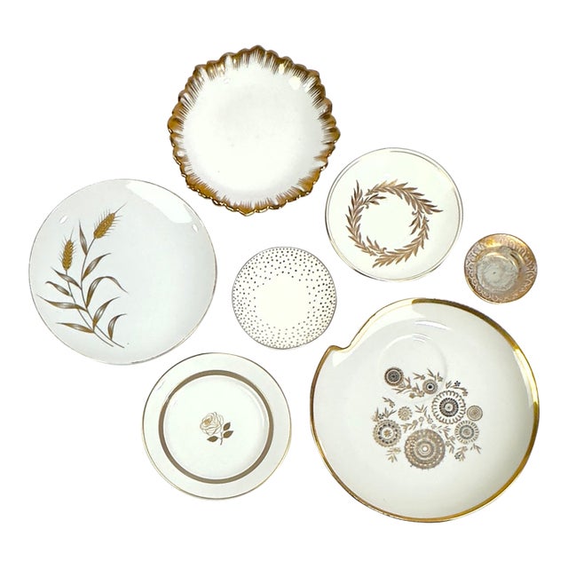 Gold-Embellished Vintage Porcelain Wall Plate Curation - Group of 7 For Sale