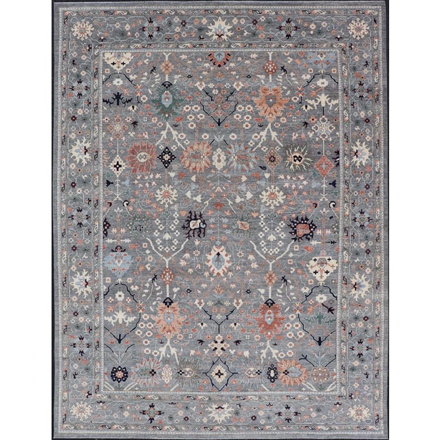 Large All-Over Designed Oushak With a Gray Background and Bright Motifs For Sale - Image 13 of 13