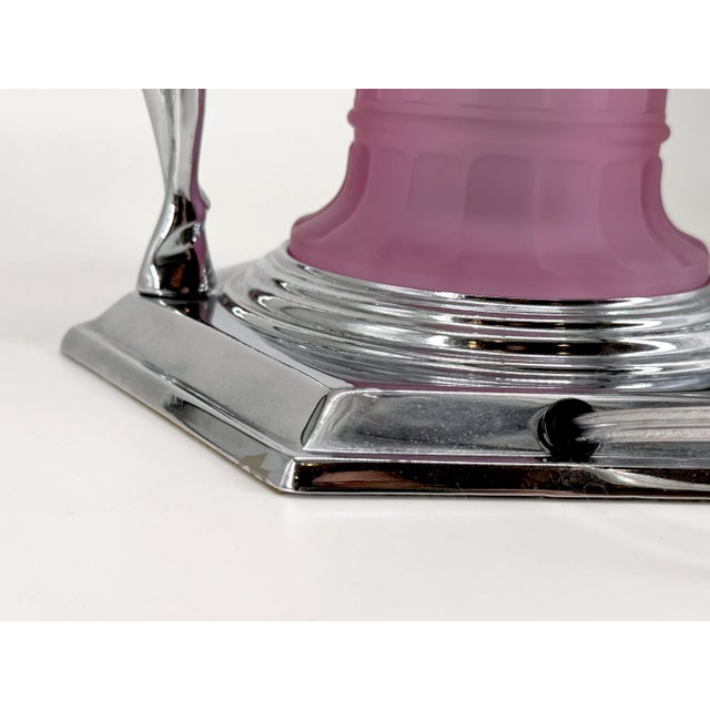 1980s Art Deco Frankart Style Chrome Table Lamp Pink Vianne Frosted Glass Nude Lady For Sale - Image 4 of 18
