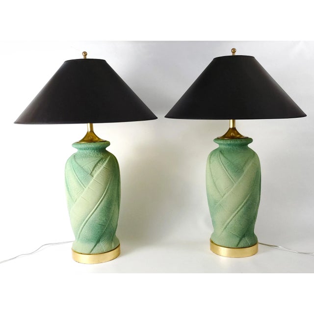 Wood Lamp Pair Green Palm Tree Leaves For Sale - Image 7 of 12