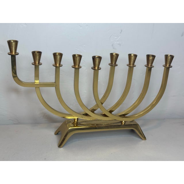 Vintage Wainberg Israel Brass Hanukkah Menorah Mid Century Modern 9 Arm For Sale - Image 4 of 9