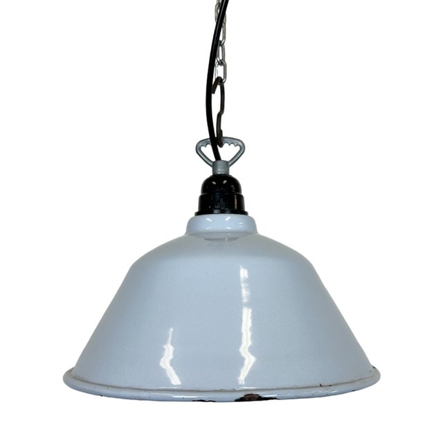 French Industrial Grey Enamel Factory Pendant Lamp, 1960s For Sale