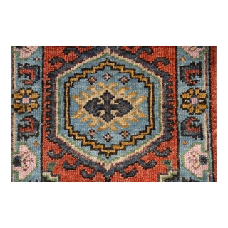 2.6x10Ft. Brunt Orange Light Blue Persian Design Inspired Hand Knotted Wool Runner Rug For Sale