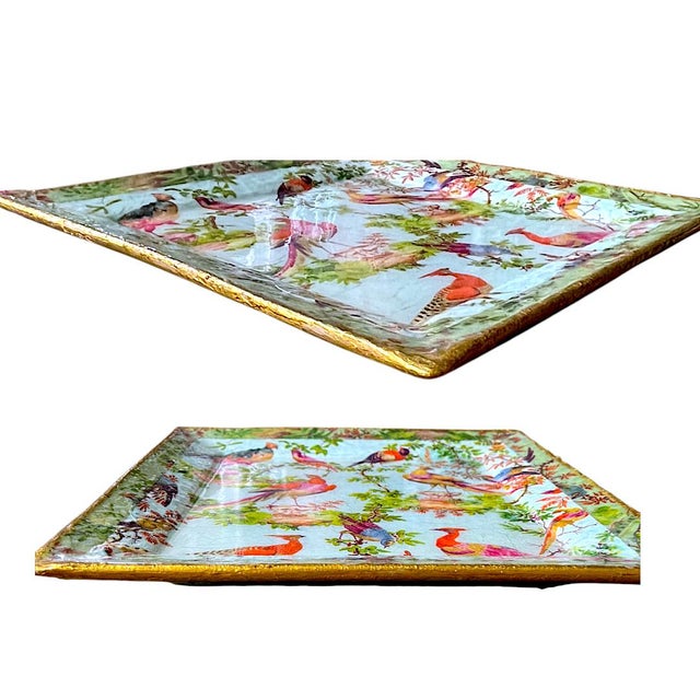 Victorian Vintage Chinoiserie "Chelsea Birds" Decoupage Ceramic Square Tray/Serving Platter For Sale - Image 3 of 3