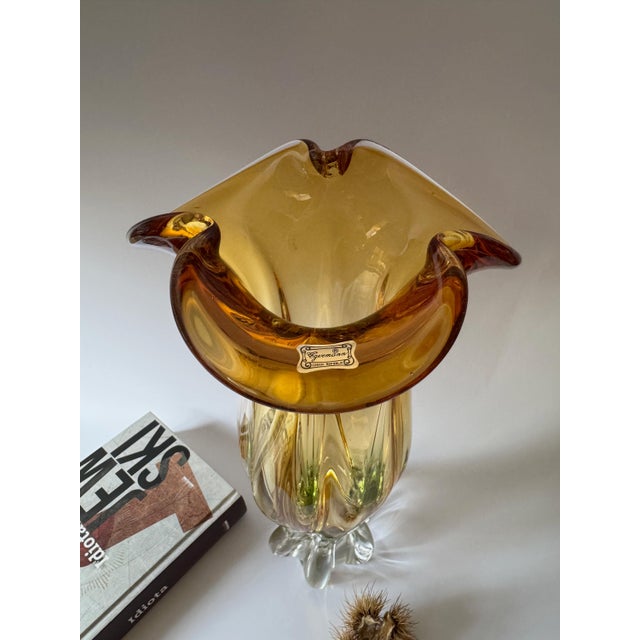 Modern Bohemian Sculptural Amber Art Glass Vase with Folded Rim and Green Base from Egermann, Former Czechoslovakia, 1980s For Sale - Image 3 of 16