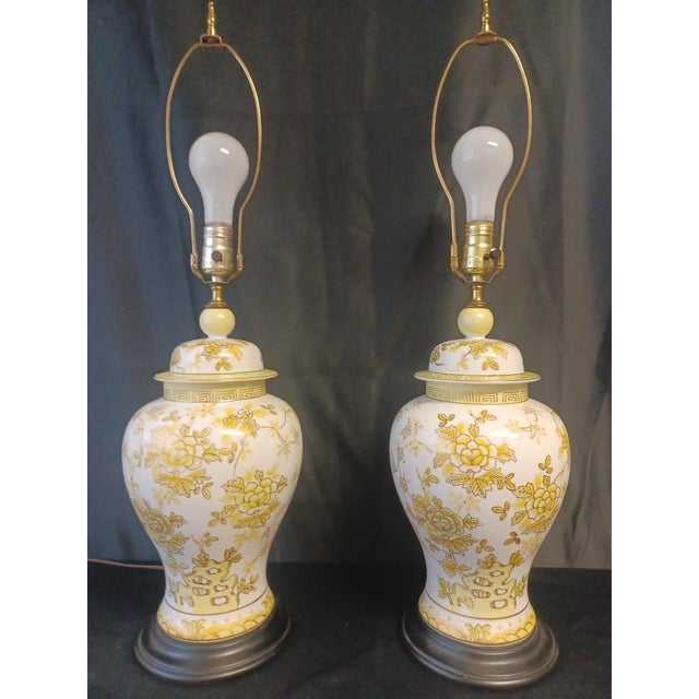 Pair of Vintage Yellow and White Ginger Jar Lamps Chairish