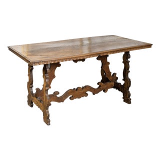 Italian Baroque Style 19th Century Walnut Table with Carved Trestle Base For Sale