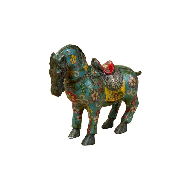 1990s Vintage Chinese Turquoise Blue Flower Cloisonné Enamel Horse Statue For Sale - Image 5 of 13