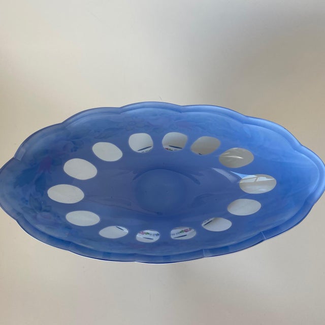 Victorian Vintage Moser Glass Oval Bowl: Cut-to-Clear, White With Blue Overlay, Hand Painted Florals For Sale - Image 3 of 16