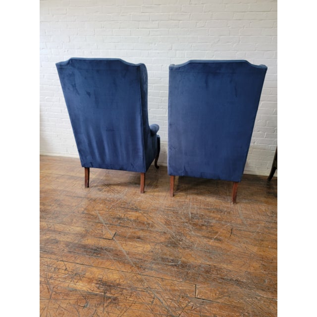 Vintage French Provincial Oversized Blue Velvet Wingback Chairs a