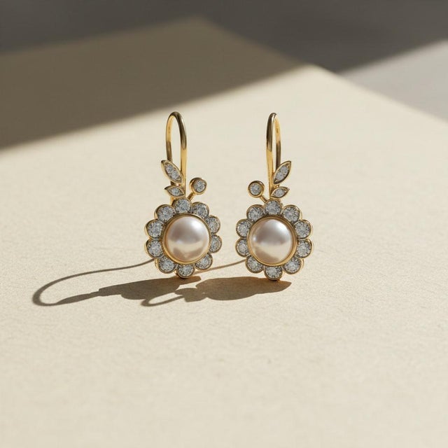Art Nouveau Pearl Flower and Leaf Drop Earrings, Silver, Gold, Pair For Sale - Image 4 of 7