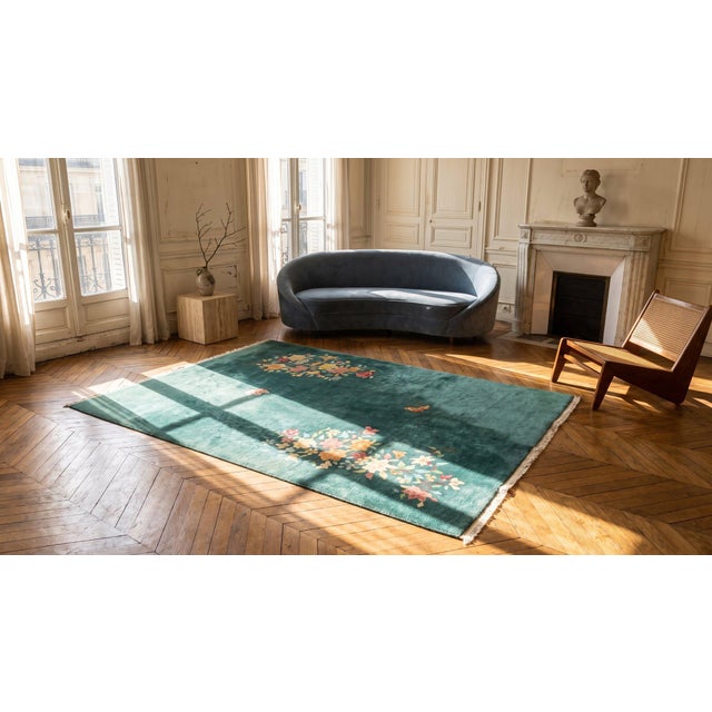 1930s Green Floral Antique Chinese Art Deco 4'2" X 5'10" Handknotted Wool Carpet For Sale In New York - Image 6 of 8