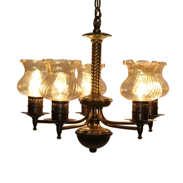 American Antique 5 Arm Chandelier | Opalescent Amber Glass Shades For Sale - Image 3 of 6