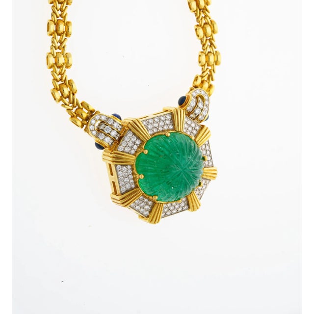 Mid 20th Century Grs Certified 108 Carat Carved Pastel Green Emerald Regal Pendant Necklace For Sale - Image 4 of 9