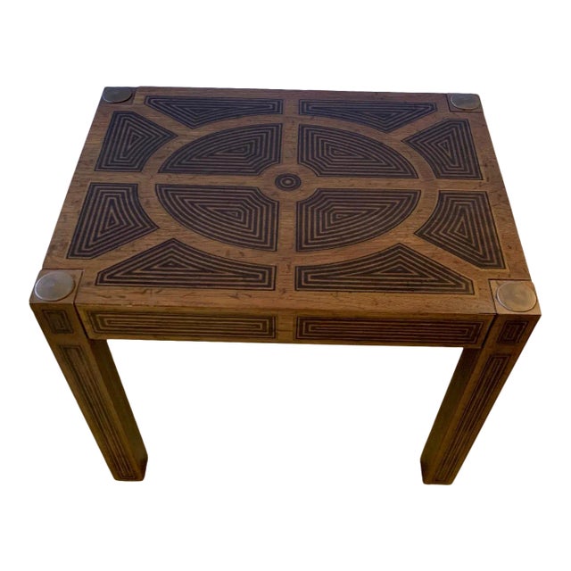 Inlaid Wood Rectangular End Table With Geometric Decoration For Sale